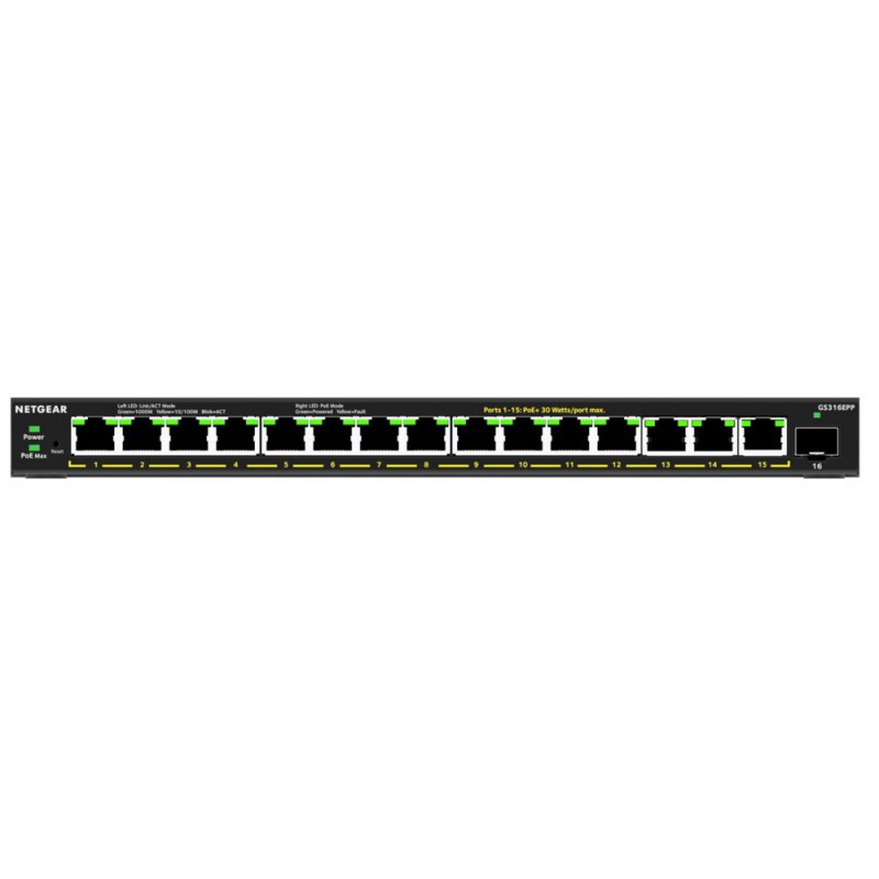 NETGEAR 16-Port High-Power PoE Gigabit Ethernet Plus Switch (231W) with 1 SFP port (GS316EPP)