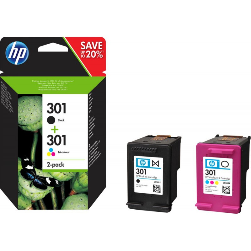 HP 301 originele zwarte/drie-kleuren inktcartridges 2-pack